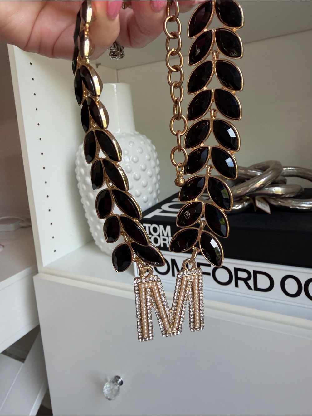 Gold Leaf-Style Dog Collar with Black Accents and 'M' Charm